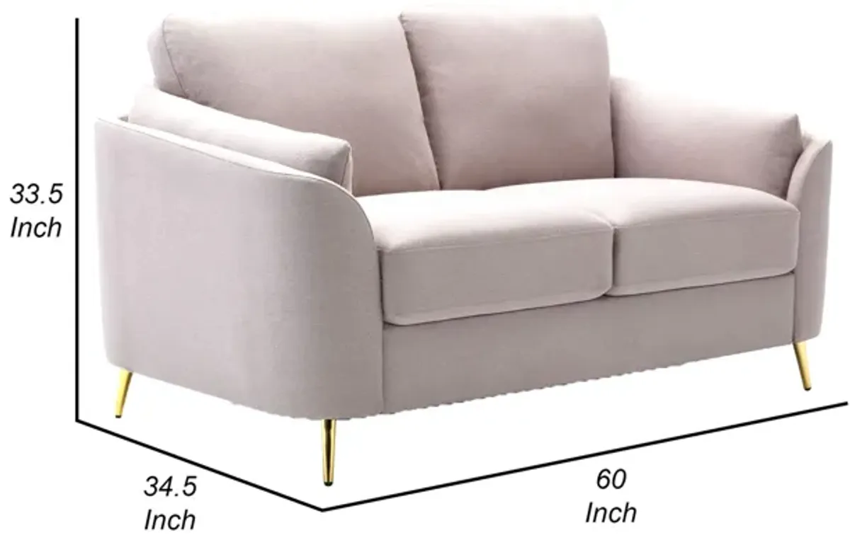 Jace 60 Inch Loveseat, Beige Polyester, Gold Metal Legs, Loose Pillow Back - Benzara