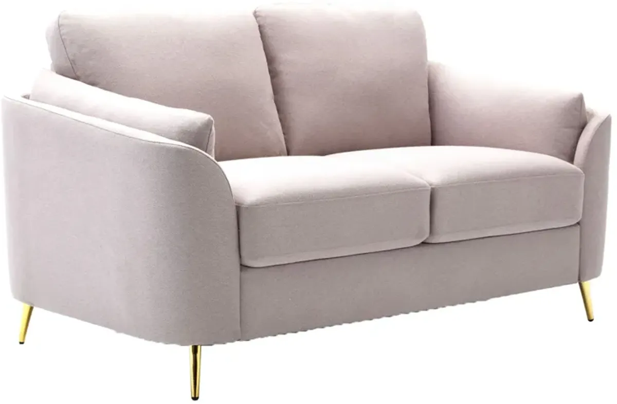 Jace 60 Inch Loveseat, Beige Polyester, Gold Metal Legs, Loose Pillow Back - Benzara