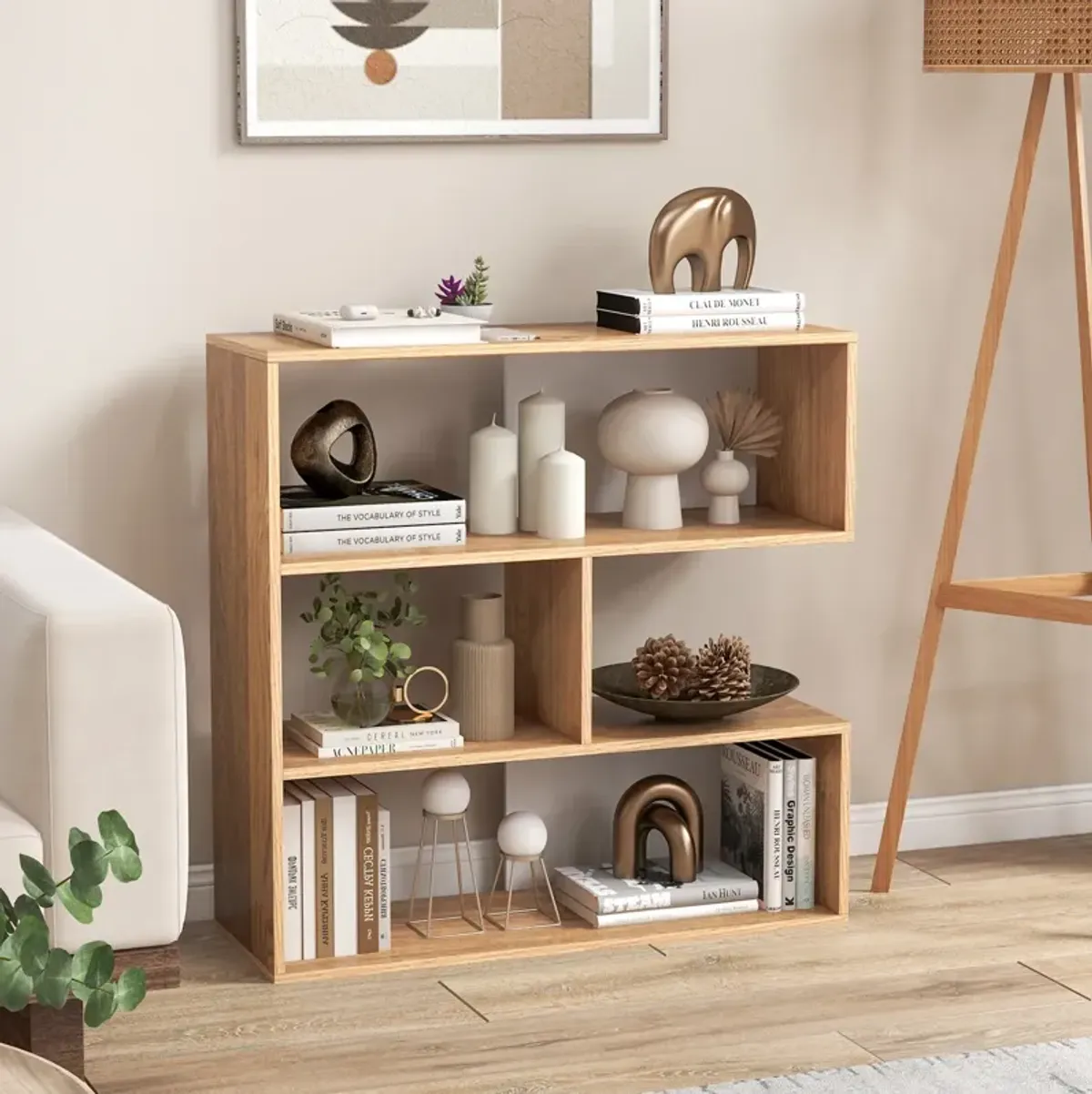 Concave Bookshelf 3-Shelf Open Bookcase with Anti-Toppling Device for Living Room Study Office