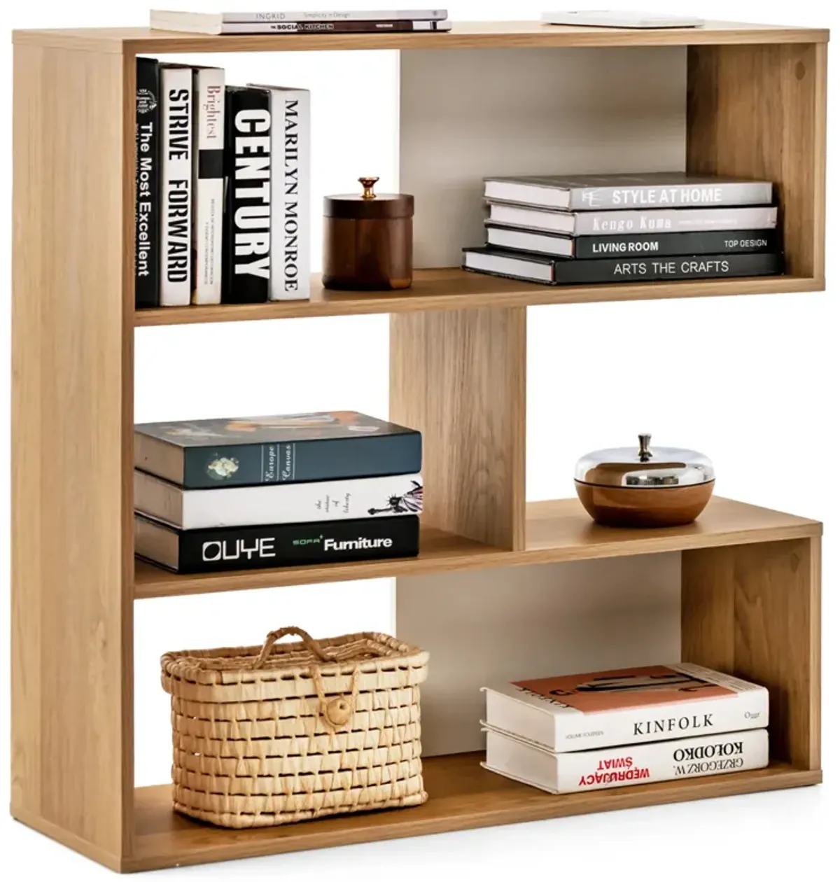 Concave Bookshelf 3-Shelf Open Bookcase with Anti-Toppling Device for Living Room Study Office