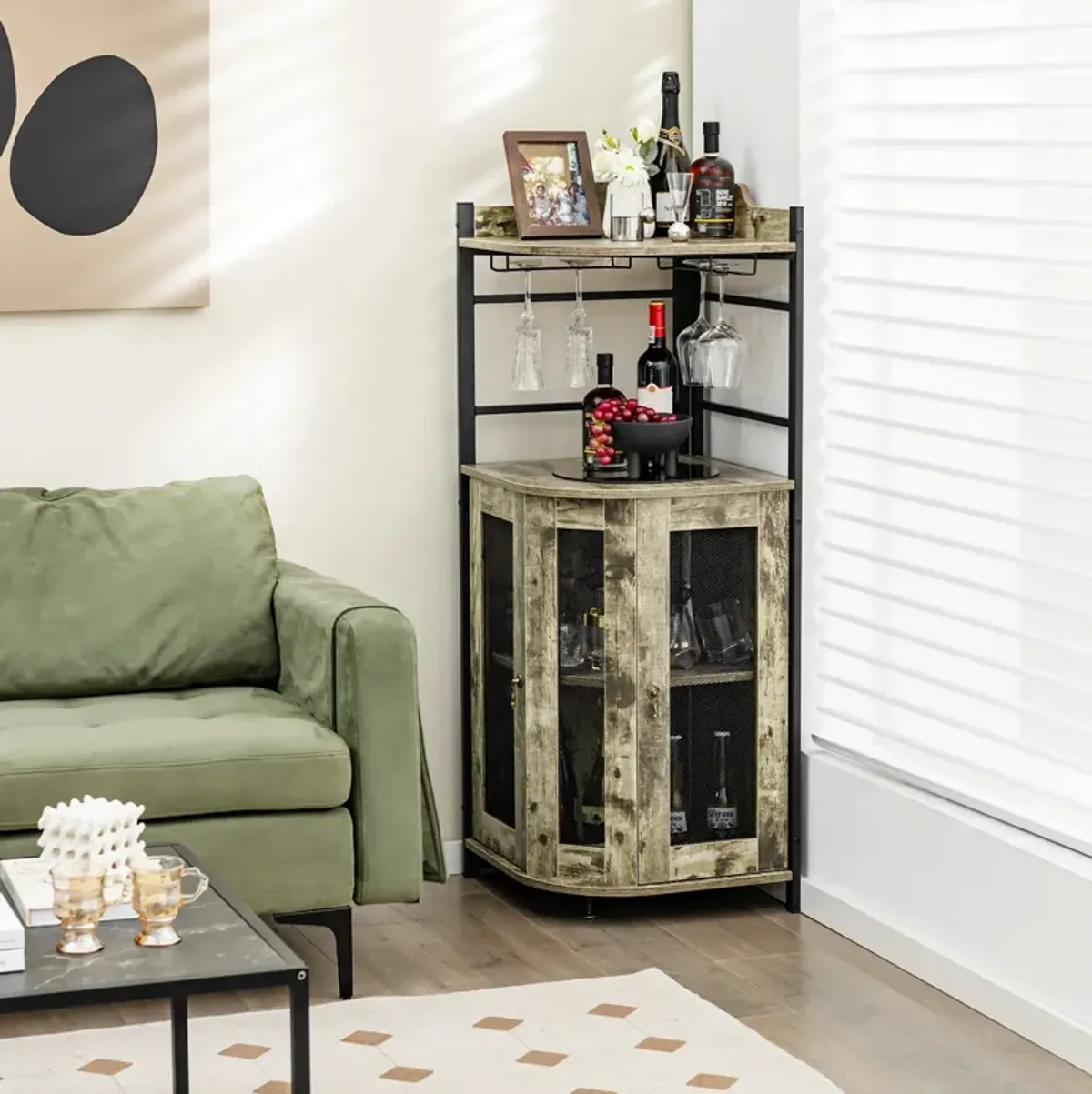 Industrial Corner Bar Cabinet with Glass Holder and Adjustable Shelf-Taupe