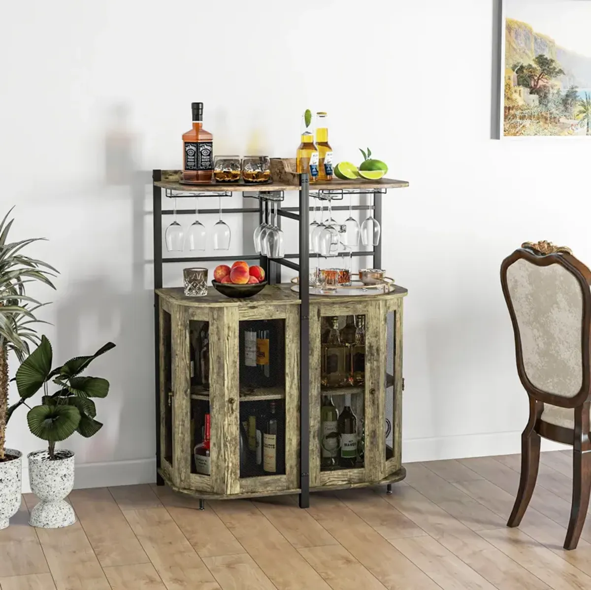 Industrial Corner Bar Cabinet with Glass Holder and Adjustable Shelf-Taupe