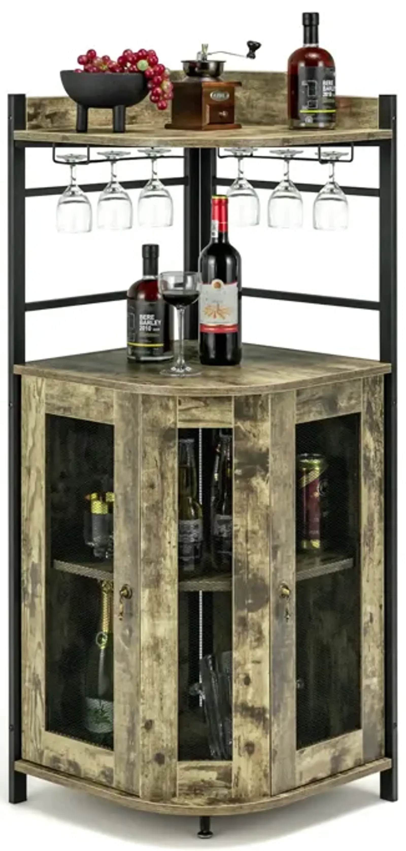 Industrial Corner Bar Cabinet with Glass Holder and Adjustable Shelf-Taupe