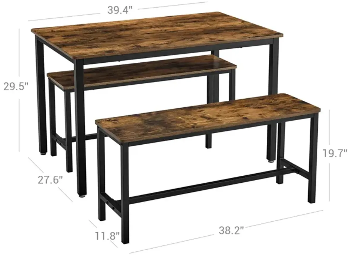 3-Piece Dining Table Set with Benches - Rustic Brown and Black