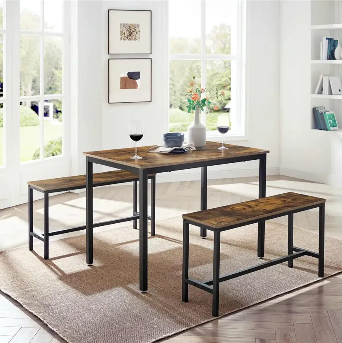 3-Piece Dining Table Set with Benches - Rustic Brown and Black