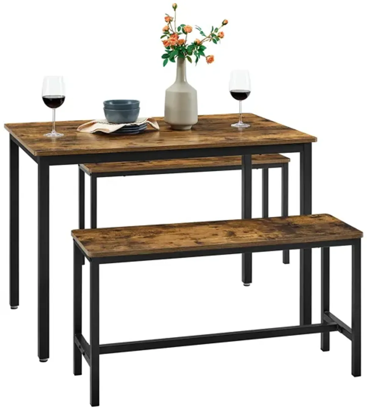 3-Piece Dining Table Set with Benches - Rustic Brown and Black