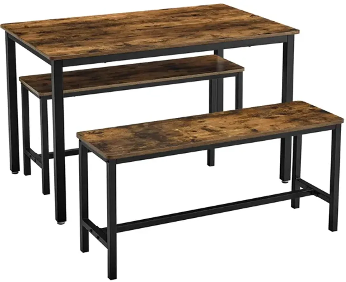 3-Piece Dining Table Set with Benches - Rustic Brown and Black