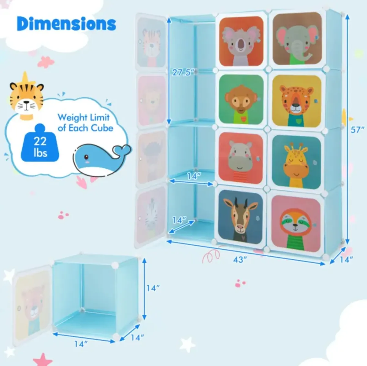 Hivvago 12 Cube Kids Wardrobe Closet with Hanging Section and Doors