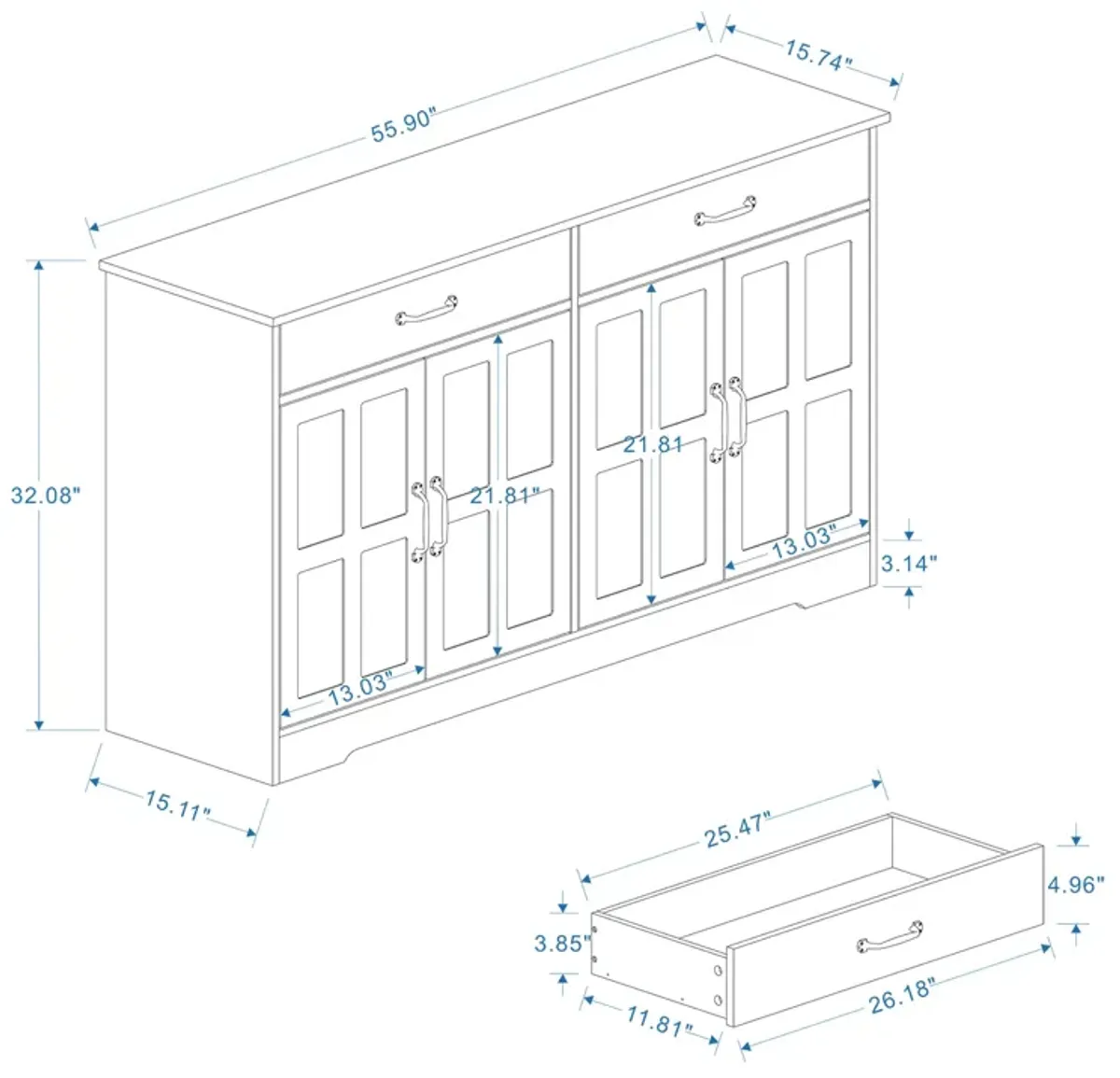 White Wood 55.91 in. Sideboard with Shaker Style Design Doors