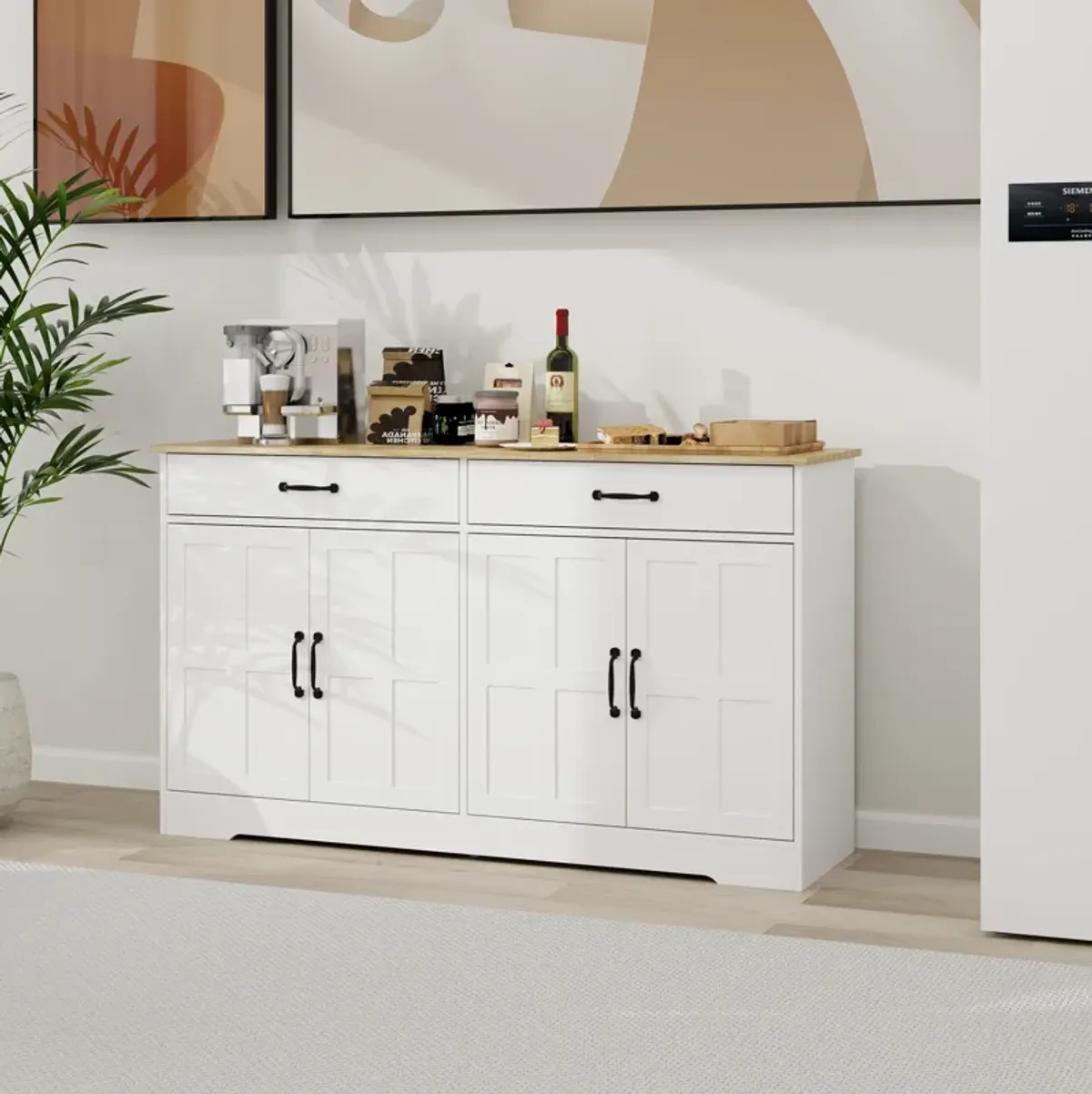 White Wood 55.91 in. Sideboard with Shaker Style Design Doors