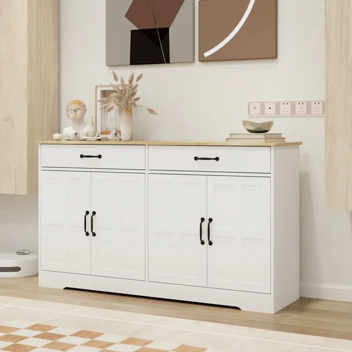 White Wood 55.91 in. Sideboard with Shaker Style Design Doors