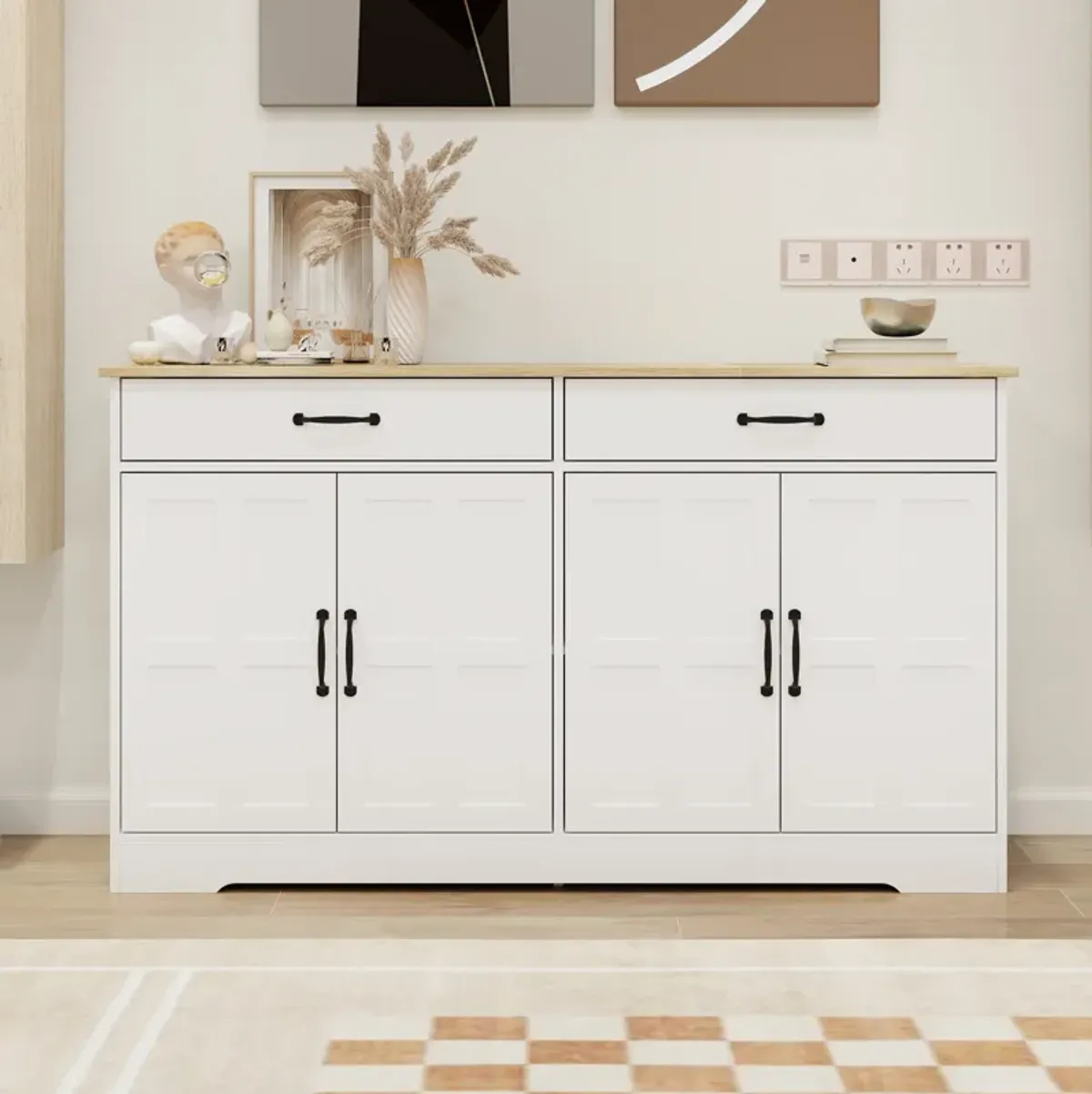 White Wood 55.91 in. Sideboard with Shaker Style Design Doors