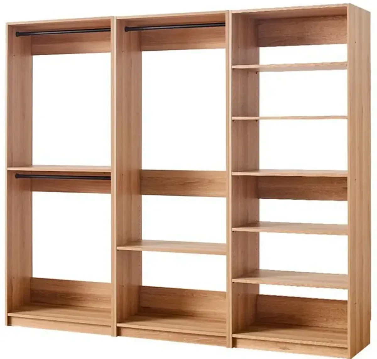 Dee Modular Closet System, 3 Clothing Racks, 6 Shelves in Oak Brown Wood - Benzara