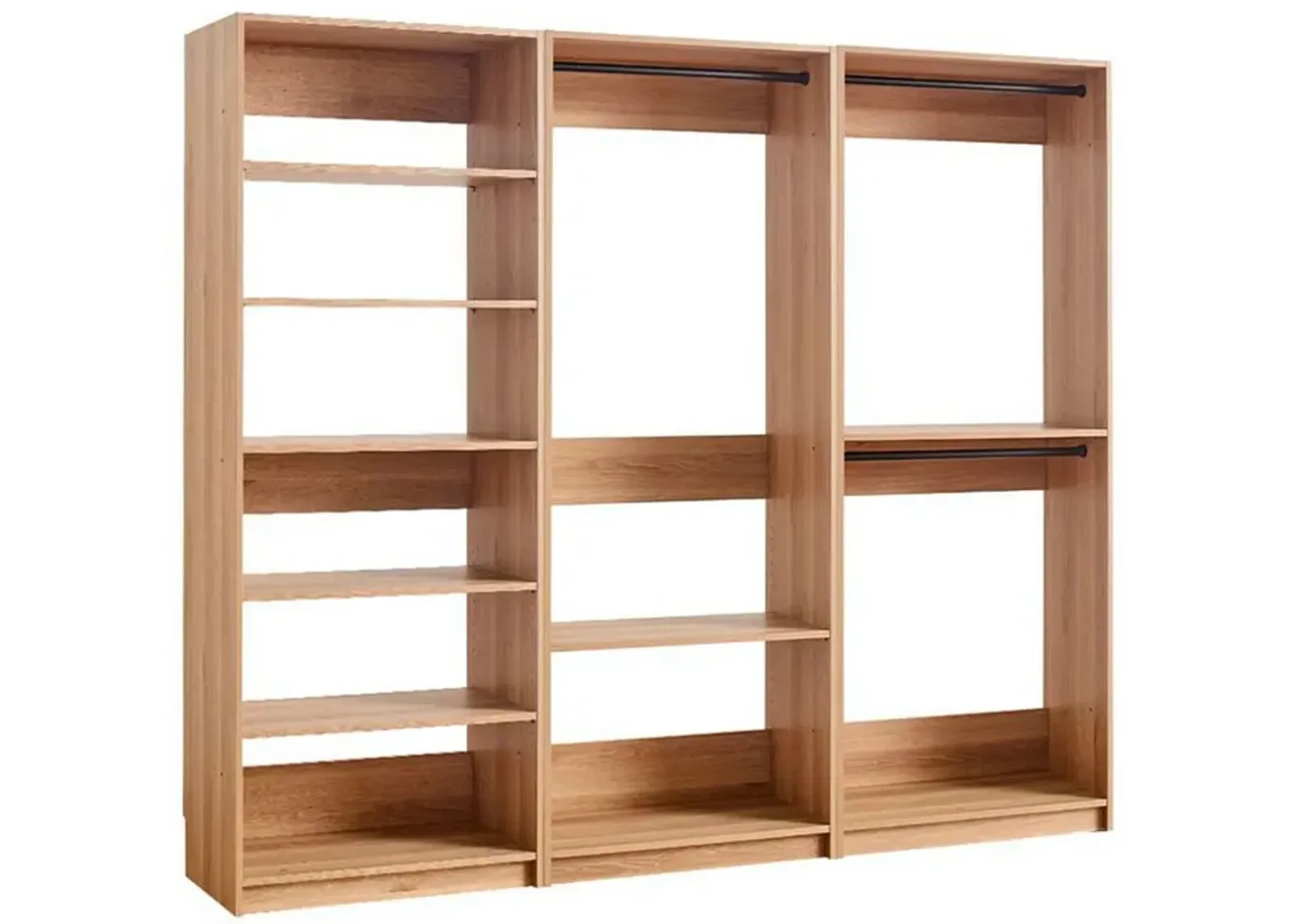 Dee Modular Closet System, 3 Clothing Racks, 6 Shelves in Oak Brown Wood - Benzara