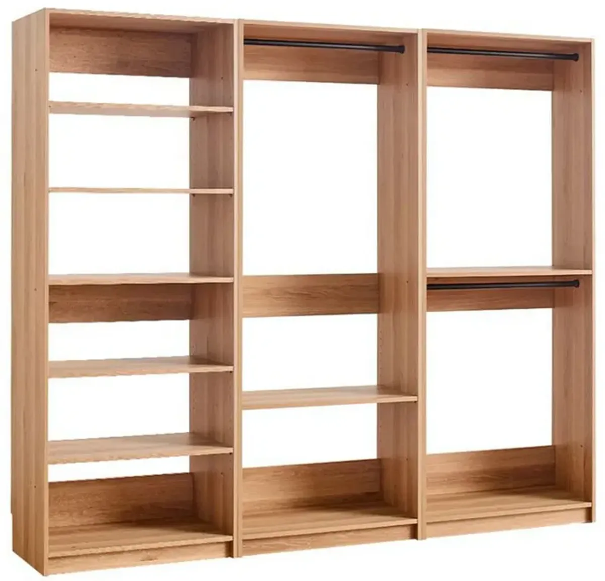 Dee Modular Closet System, 3 Clothing Racks, 6 Shelves in Oak Brown Wood - Benzara