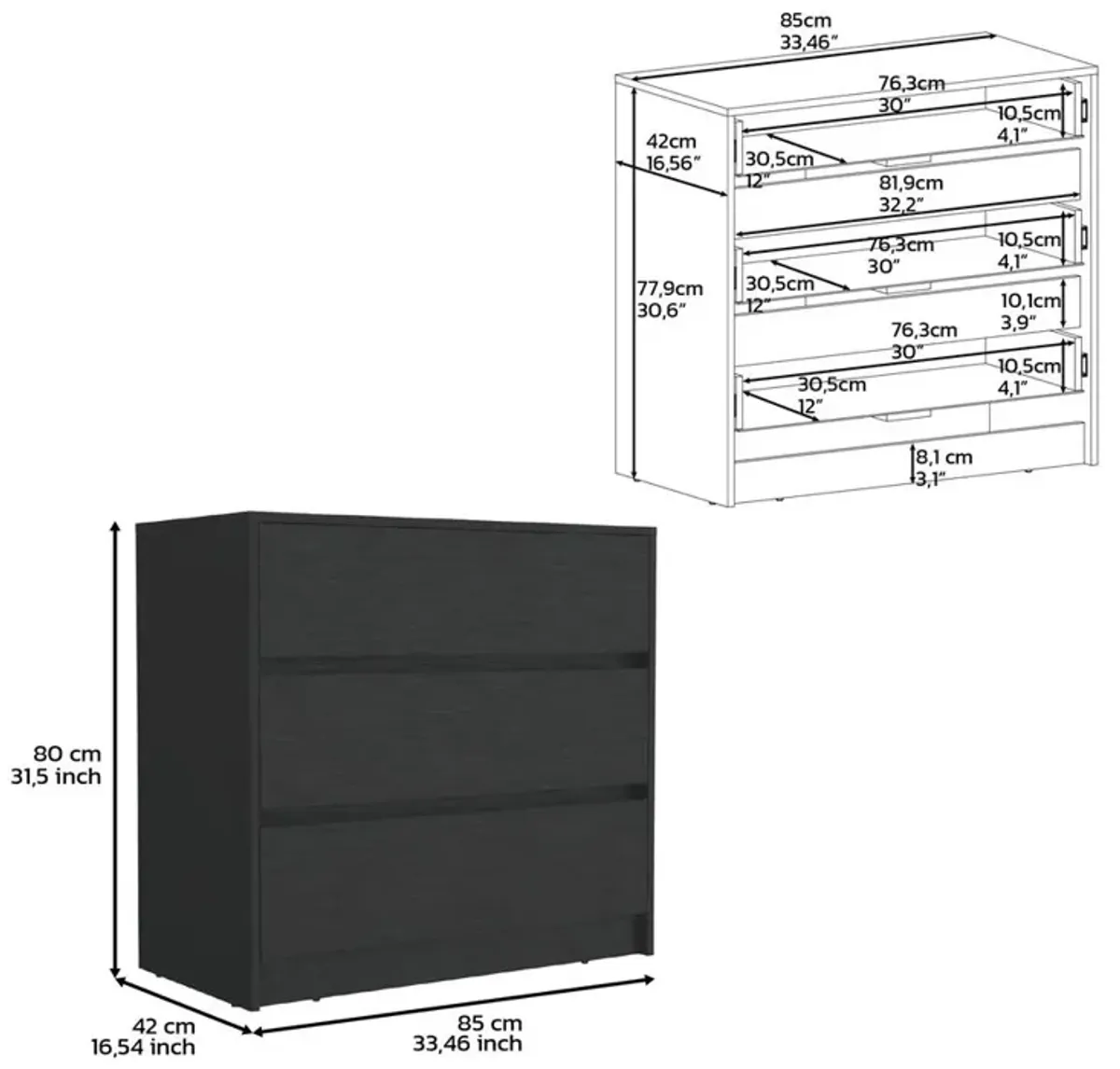 DEPOT E-SHOP Palmer 3 Drawers Dresser, Chest of Drawers, Black