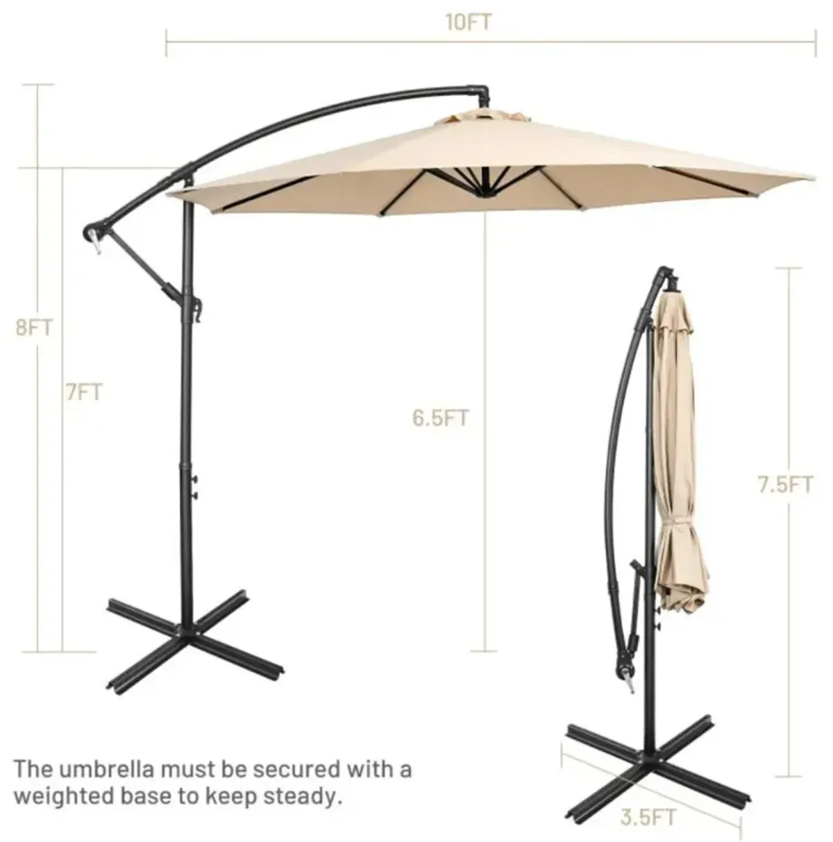 Hivvago 10 Feet Offset Umbrella with 8 Ribs Cantilever and Cross Base