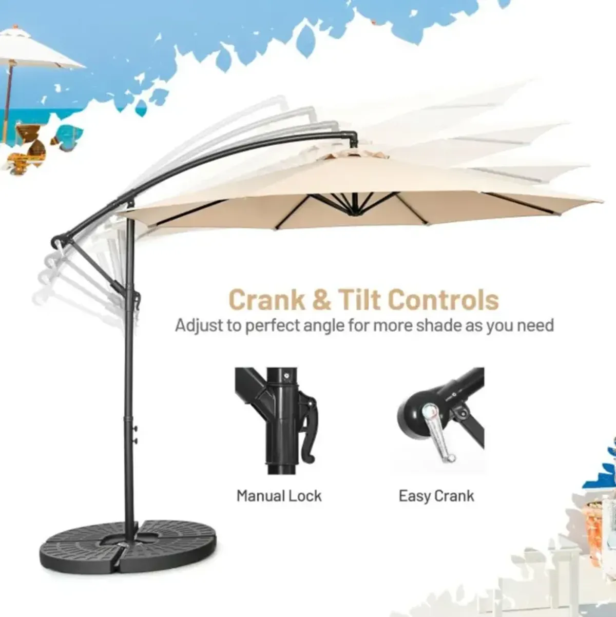 Hivvago 10 Feet Offset Umbrella with 8 Ribs Cantilever and Cross Base