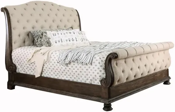 Eastern King Bed with Sleigh Headboard and Footboard, Brown and Beige - Benzara