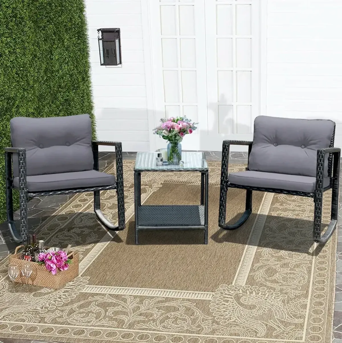 3 Pieces Cushioned Patio Rattan Set with Rocking Chair and Table