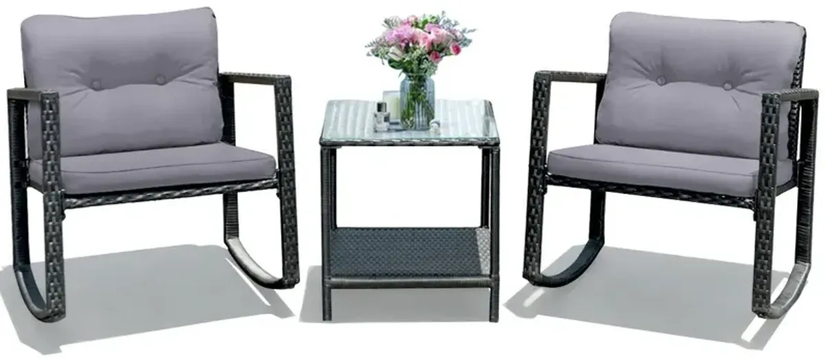 3 Pieces Cushioned Patio Rattan Set with Rocking Chair and Table