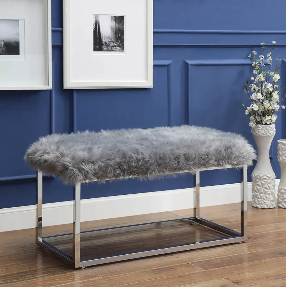 Inspired Home Willard Faux Fur Ottoman Bench