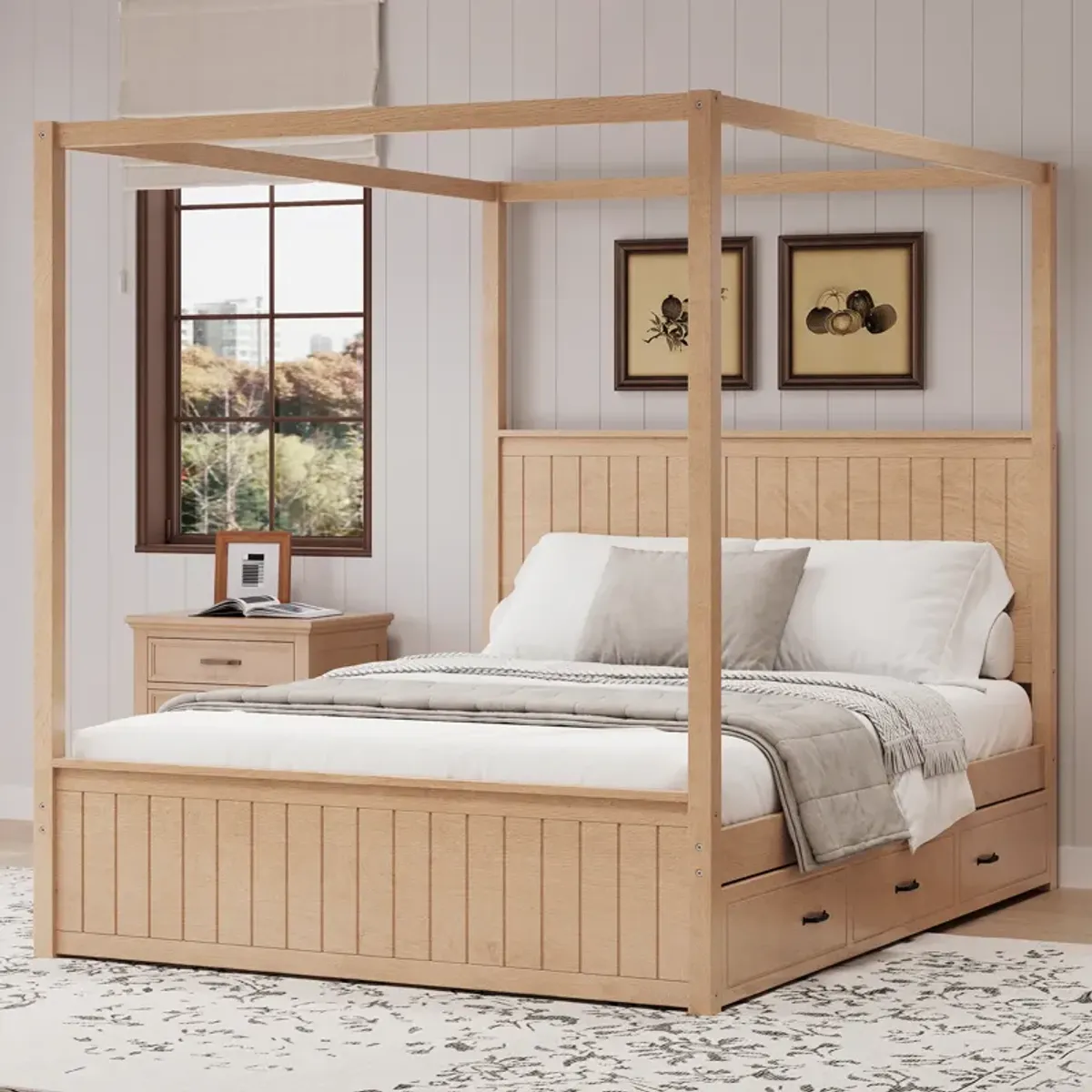 Merax 4-Post Canopy Platform Bed with Trundle and 3 Drawers