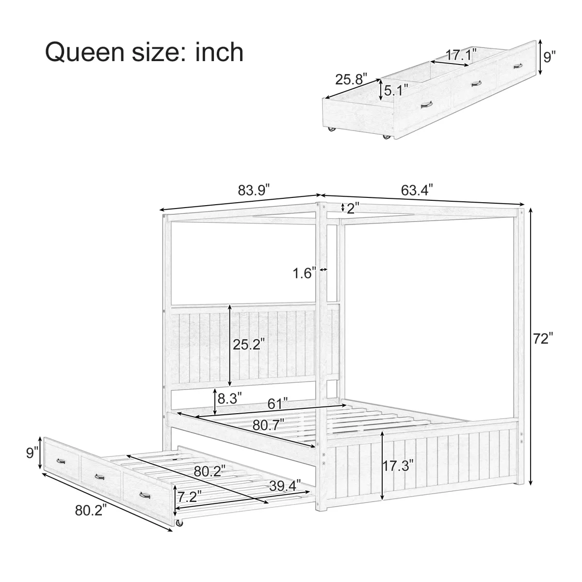 Merax 4-Post Canopy Platform Bed with Trundle and 3 Drawers