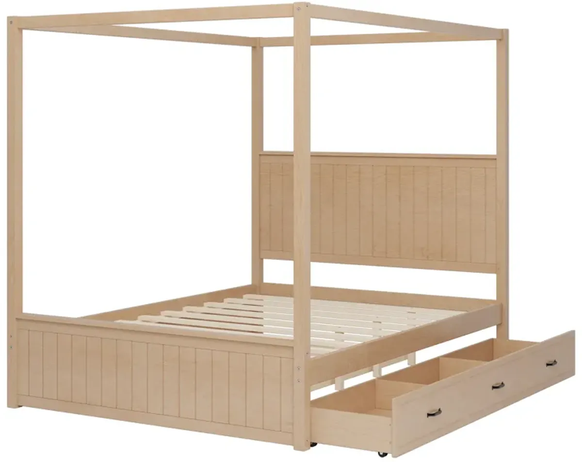 Merax 4-Post Canopy Platform Bed with Trundle and 3 Drawers