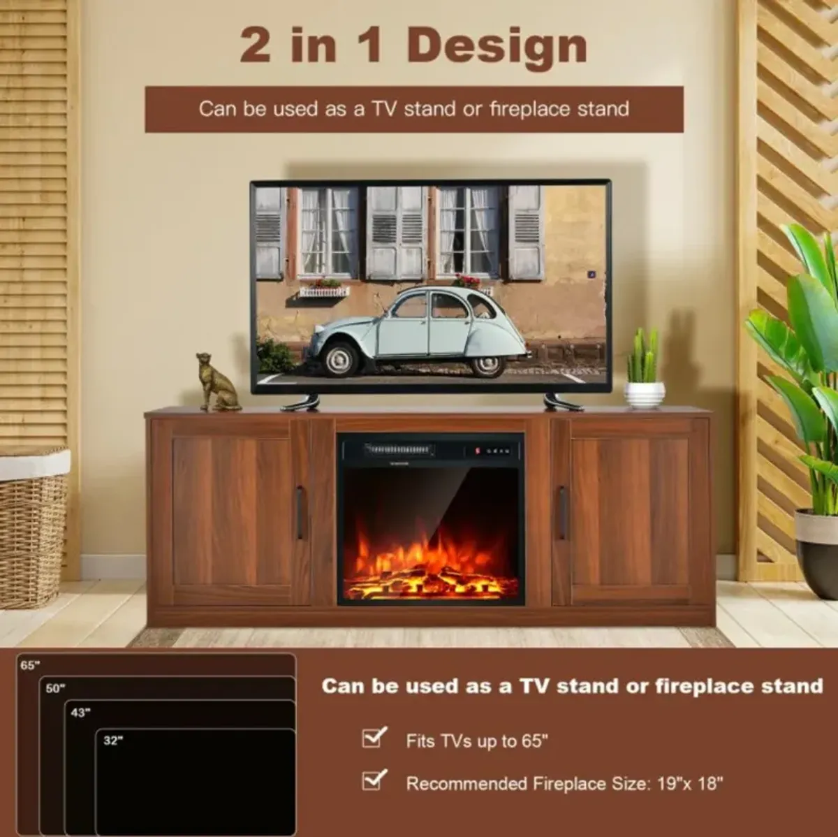 Hivvago 58 Inch TV Stand with 1500W Faux Fireplace for TVs up to 65 Inch