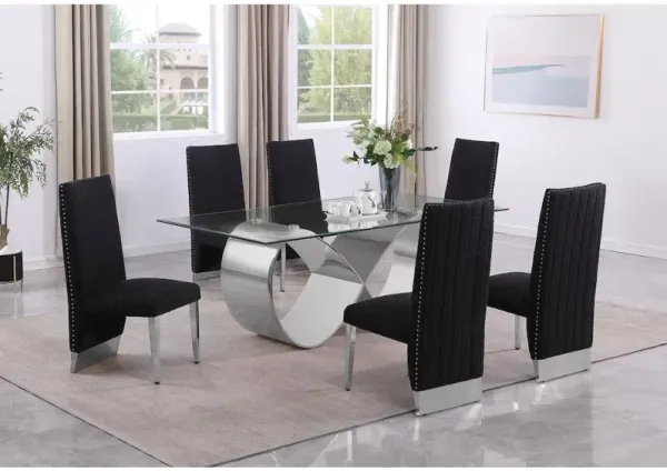 Best Quality Furniture 7Pc Tempered Glass Dining Set With 6 Black Boucle Side Chairs And A Silver Base
