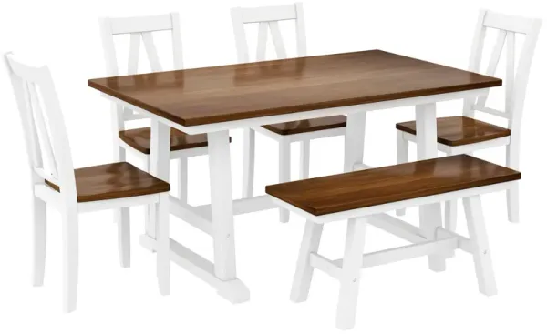 6-Piece Wood Dining Table Set Kitchen Table Set with Long Bench and 4 Dining Chairs