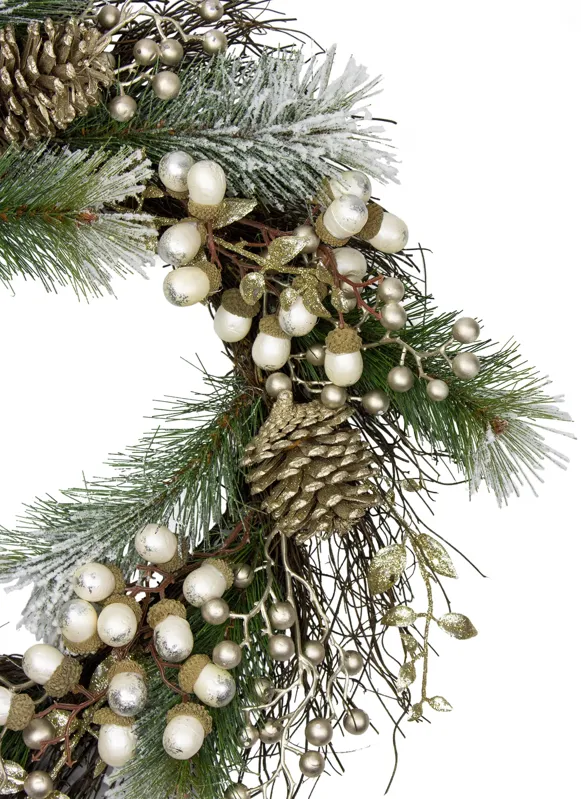 Acorn and Pine Cone Flocked Pine Needle Artificial Christmas Wreath - 22-Inch  Unlit