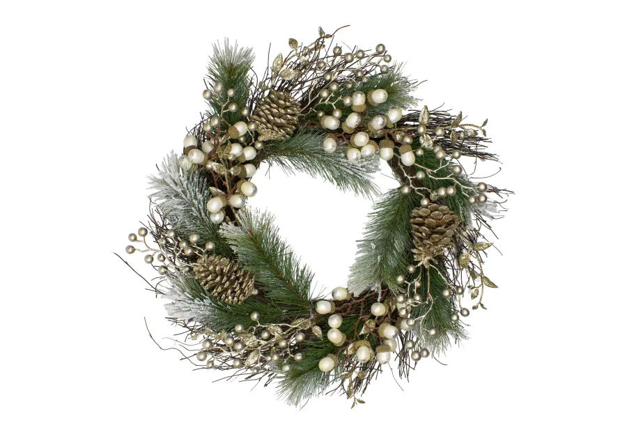 Acorn and Pine Cone Flocked Pine Needle Artificial Christmas Wreath - 22-Inch  Unlit