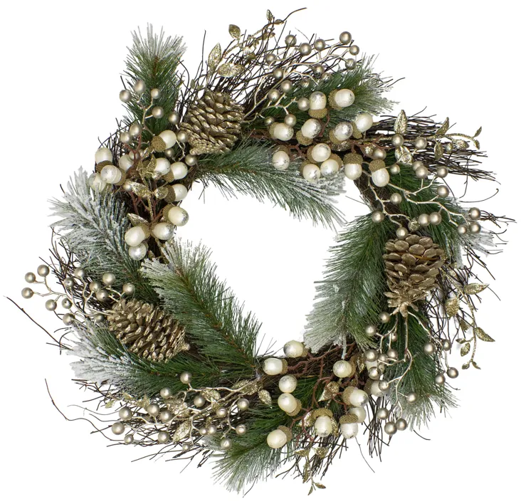 Acorn and Pine Cone Flocked Pine Needle Artificial Christmas Wreath - 22-Inch  Unlit