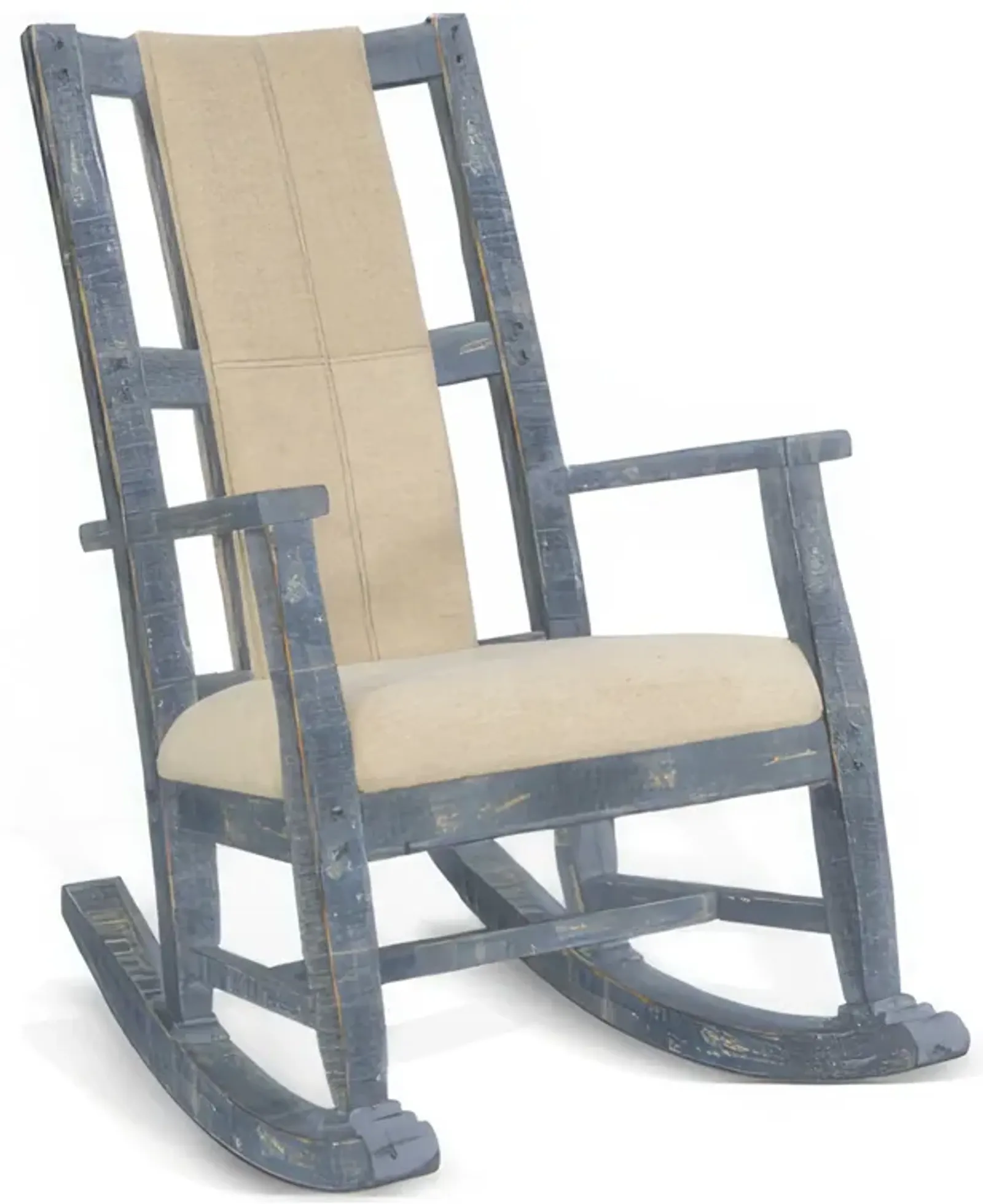 Rena Rocking Chair, Cushion Seat and Back, Blue Mahogany Mindy Wood - Benzara