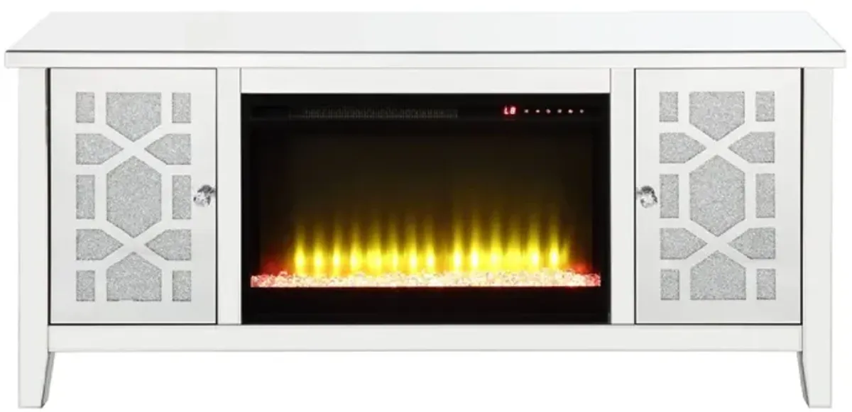 59 Inch Doe Mirrored TV Stand, Timer Fireplace, Acrylic Diamond, Silver - Benzara