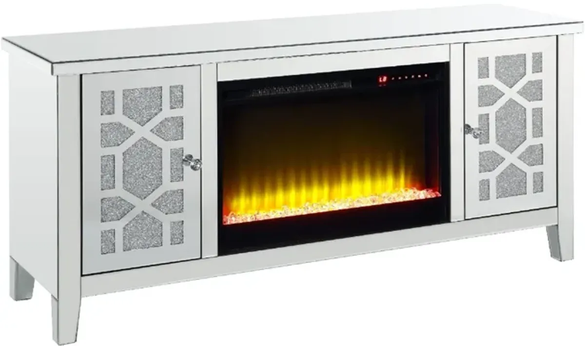 59 Inch Doe Mirrored TV Stand, Timer Fireplace, Acrylic Diamond, Silver - Benzara
