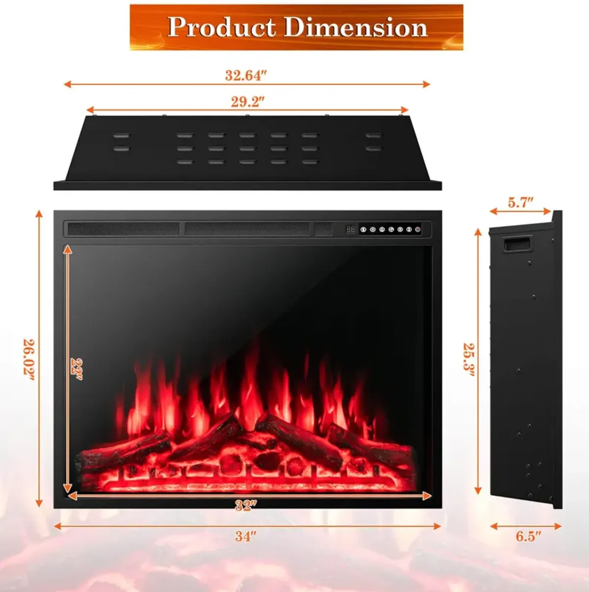 Electric Fireplace Recessed with Adjustable Flames