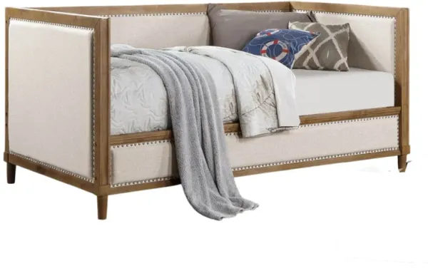 Kyra Twin Daybed with Nailhead Trim, Light Oak Pinewood, Beige Fabric - Benzara