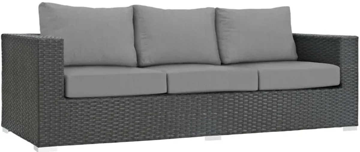 Sojourn Outdoor Patio Furniture Set - Sunbrella Cushions, Synthetic Rattan, UV Protection, Aluminum Frame - Includes Coffee Table, Ottoman, Sofa