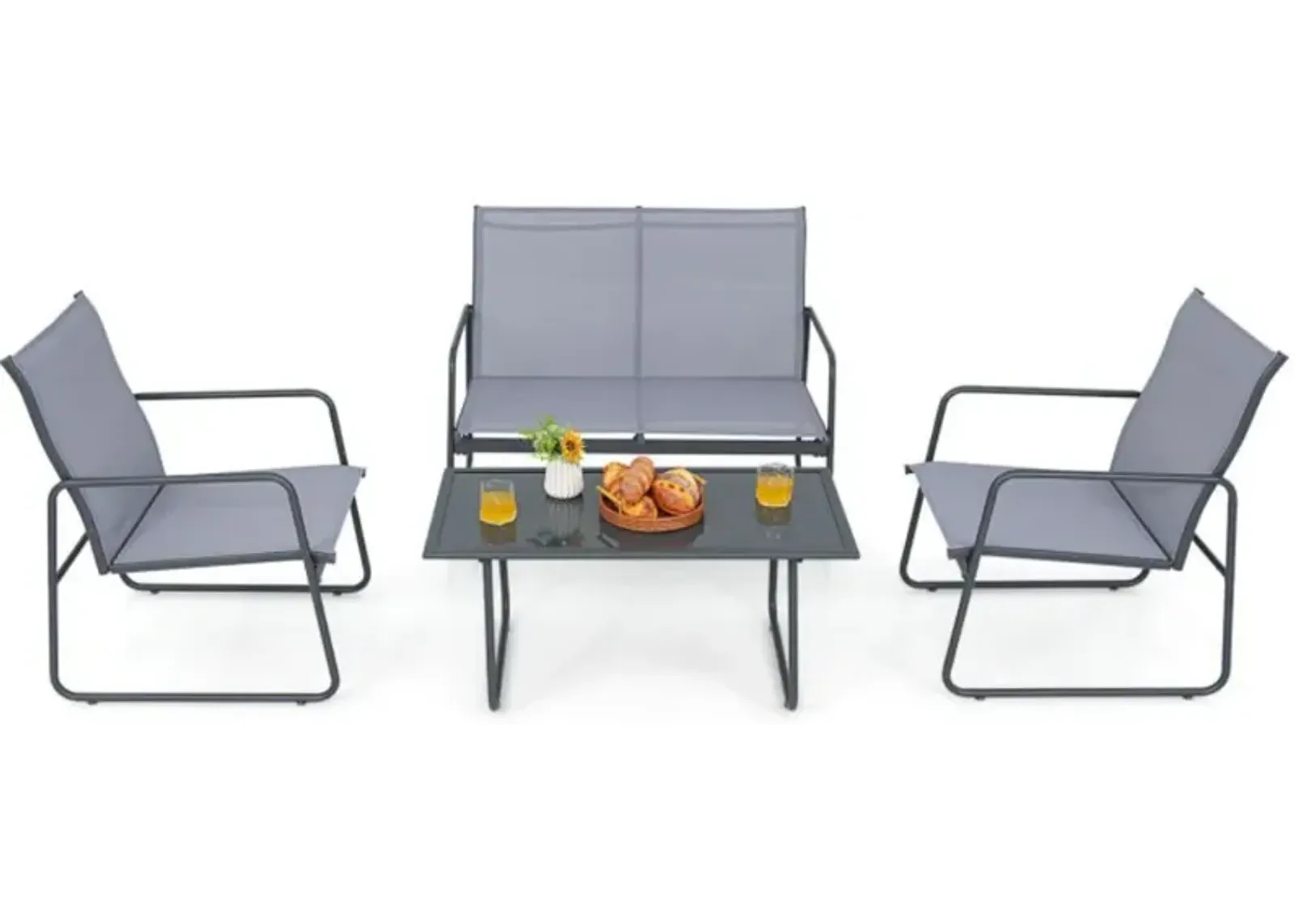 4 Pieces of Metal Patio Furniture Chat Set with Tempered Glass Coffee Table