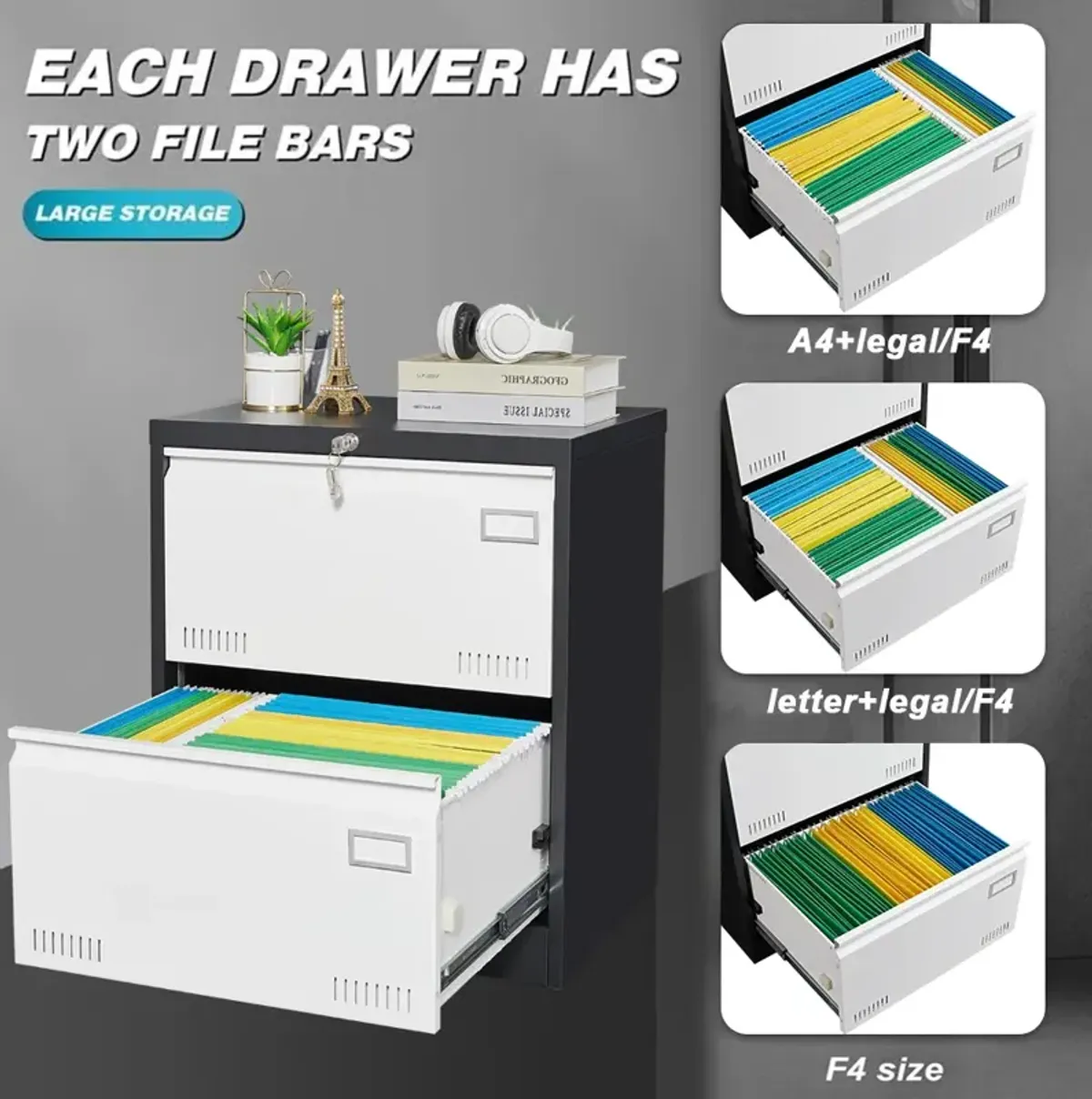 Filing Cabinet Lateral File Cabinet 2 Drawer, White Filing Cabinets with Lock, Locking Metal File Cabinets Three Drawer Office Cabinet for Legal/Letter/A4/F4 Home Offic