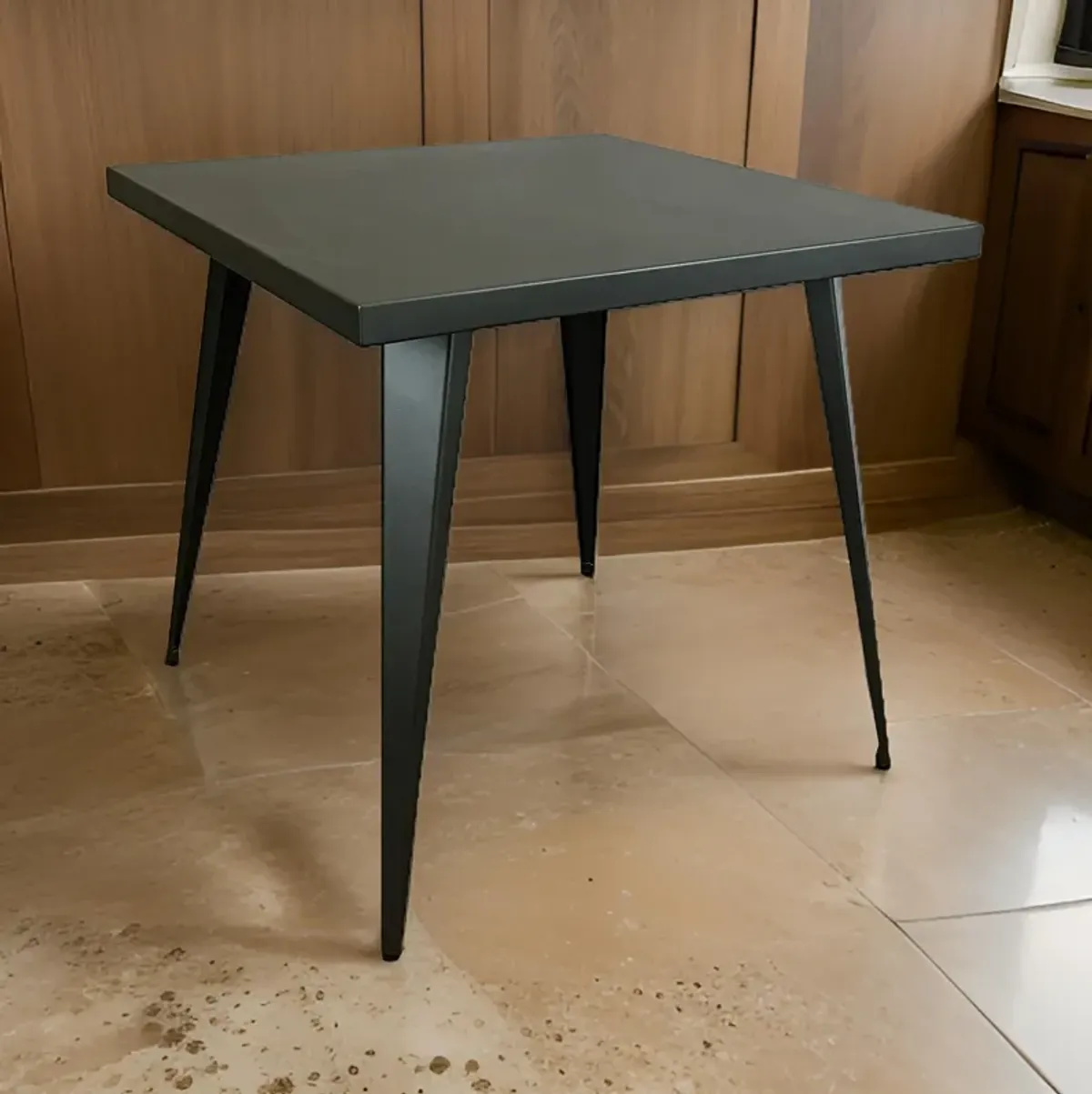 Oran 32 Inch Dining Table, Square Metal Top, Tapered Legs, Gray Finish - Benzara