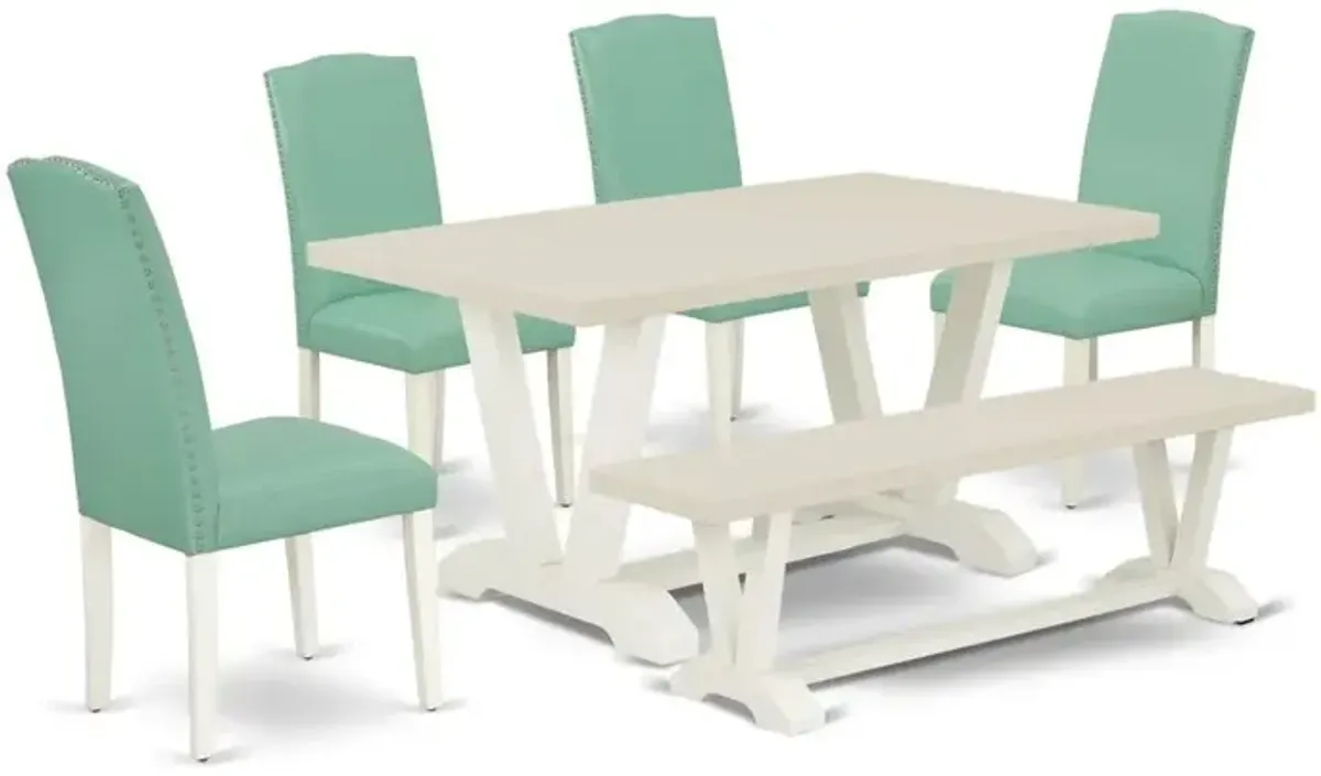 East West Furniture 6 Pc Dining Room Set Contains a Linen White Dining Table and a Mid Century Bench, 4 Pond PU Leather Dining Chairs with High Back - Wire Brushed Linen White Finish