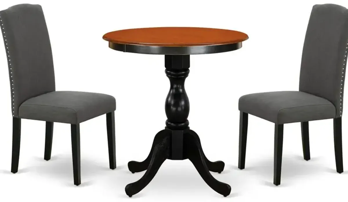 East West Furniture 3-Piece Modern Dining Set Consist of Dining Table and 2 Dark Gotham Grey Linen Fabric Parson Chairs with High Stylish Back - Black Finish