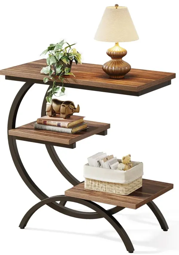 C-Shaped Modern End Table - 3-Tier Side Table for Couch, Wood Bedside Table with Storage Shelves - Dark Brown