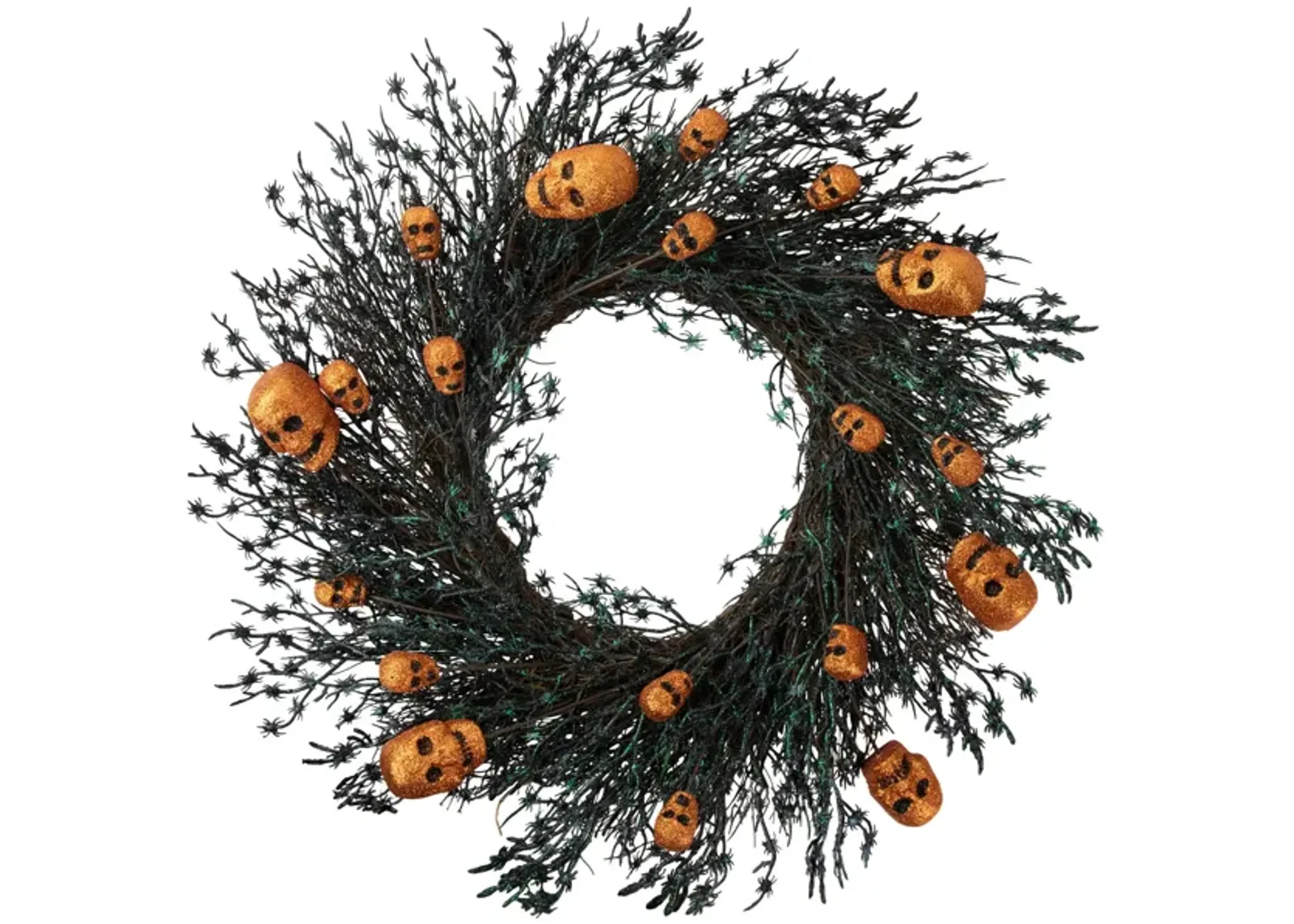 Black and Orange Skulls and Spiders Halloween Twig Wreath  22-Inch  Unlit