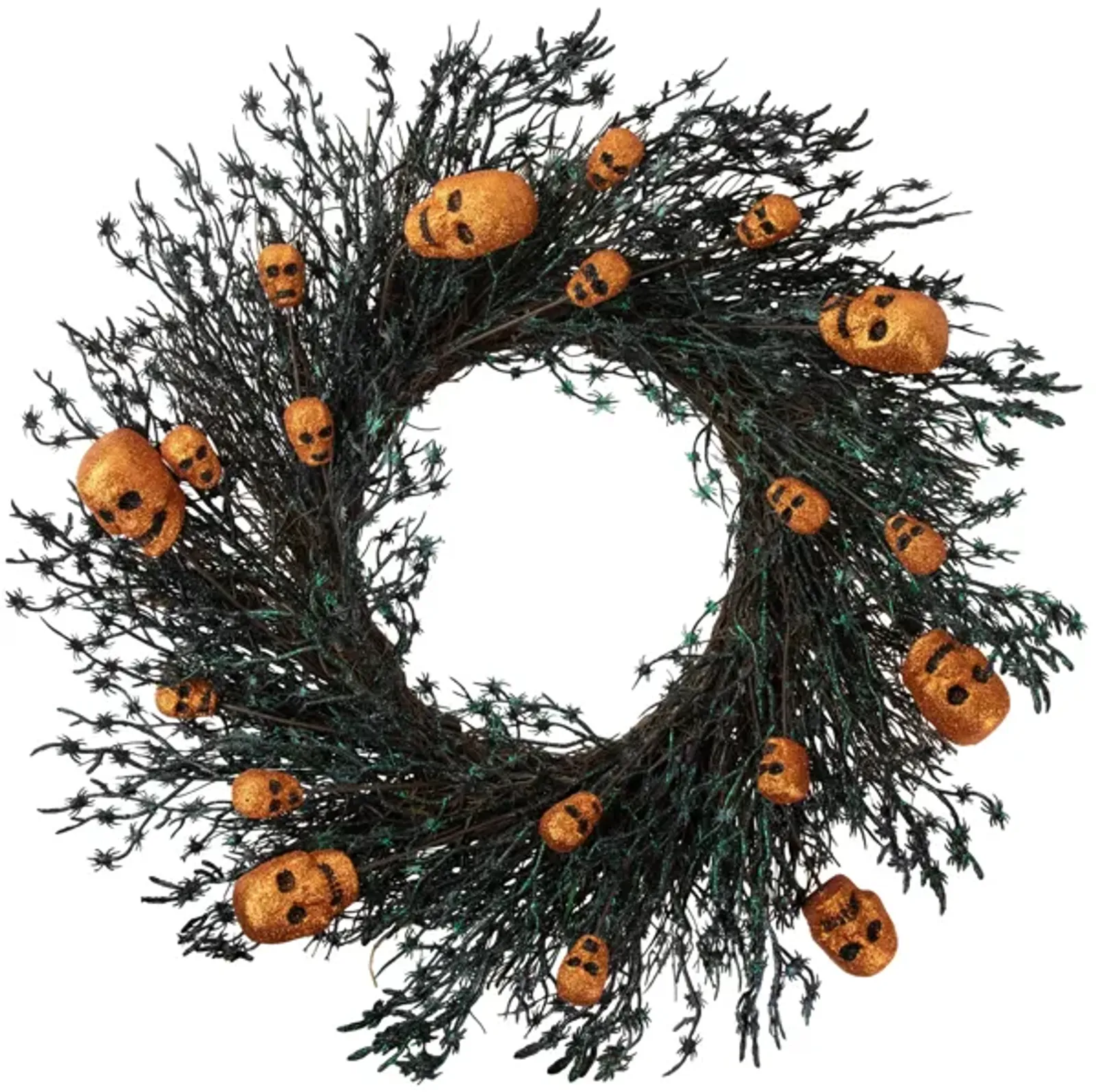 Black and Orange Skulls and Spiders Halloween Twig Wreath  22-Inch  Unlit