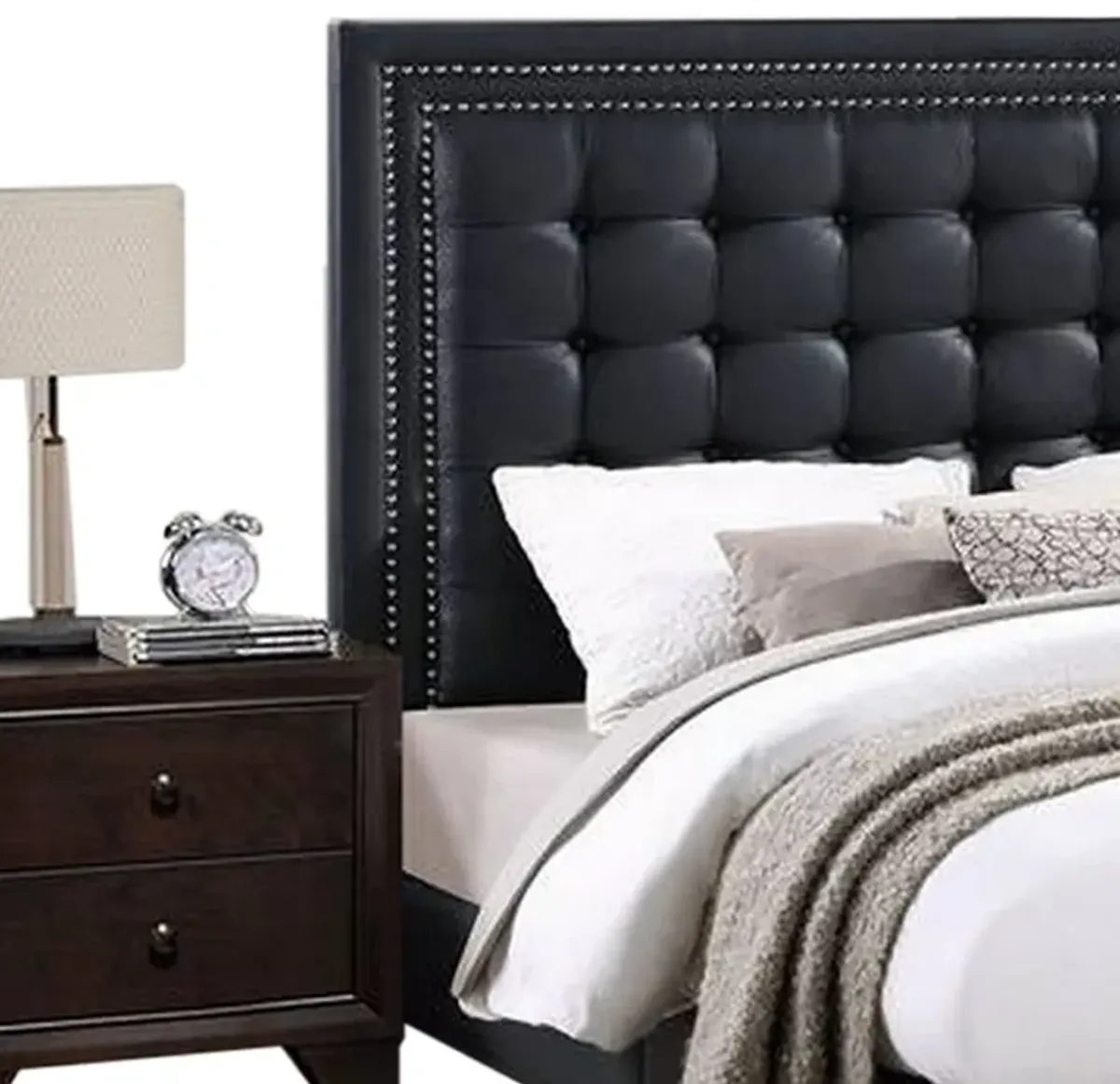 Vea Modern Platform Queen Bed, Deep Tufted Upholstery, Black Faux Leather - Benzara